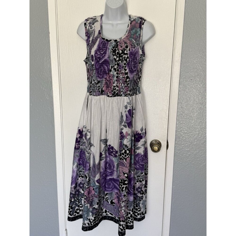 NWOT Metropolitan Midi Shirring Smock Dress Sleeveless Stretch Purple Floral